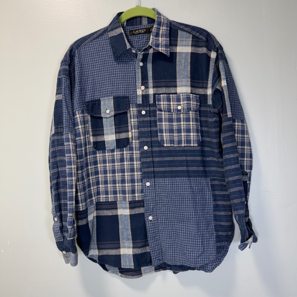 Lauren Ralph Lauren Blue Patchwork Plaid Cotton Linen Button Down Shirt‎ Small